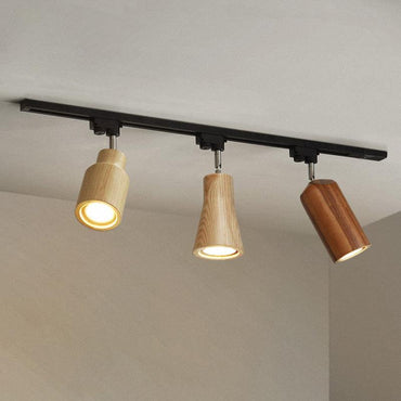 Three Adjustable Spotlight Heads Wood Tone Ceiling Track Lighting