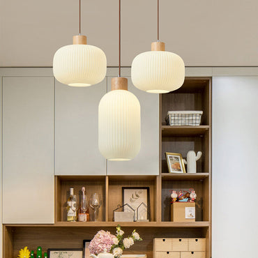 White Glare Free Pendant Light With Wood And Glass