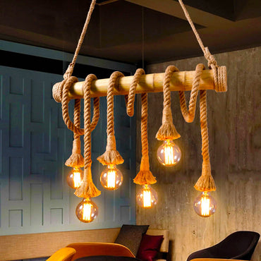 Cozy Living Room Pendant Light in Vintage Wood and Rope