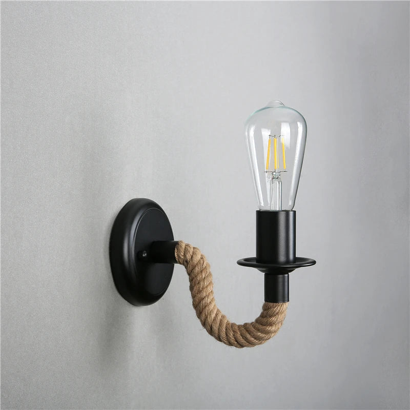 Matte Black Industrial Vintage Wall Lamp With Rope Detail