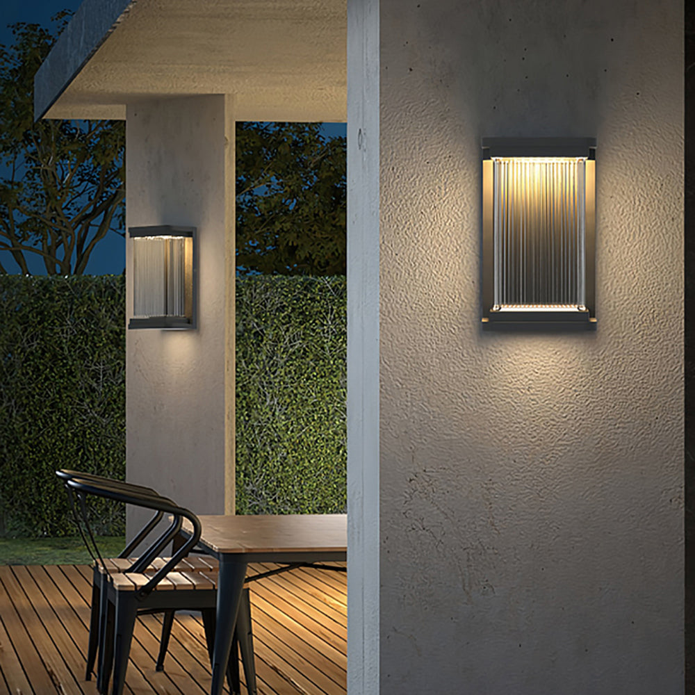 Matte Black Rectangular Outdoor Glass Wall Light With Warm Glow