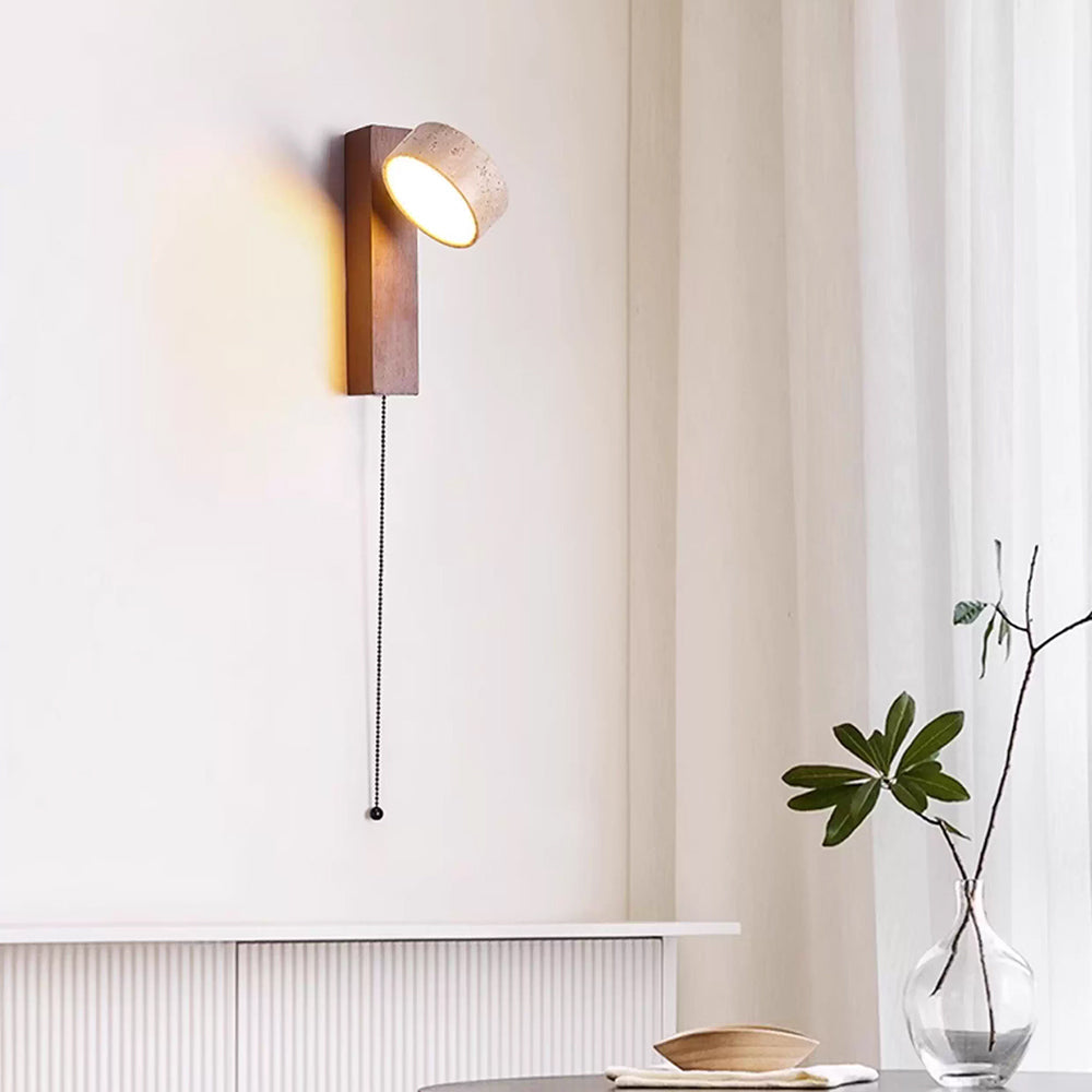 Wall Light With Yellow Travertine Shade And Tilted Wood Beam