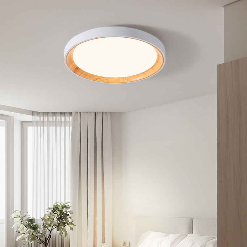 White Wood Contemporary Dimmable LED Flush Mount Ceiling Light