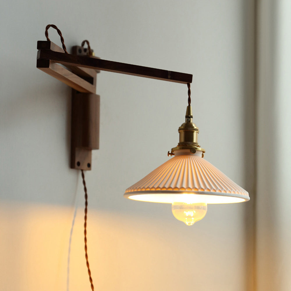 Walnut And Ceramic Vintage Dome Wall Lamp