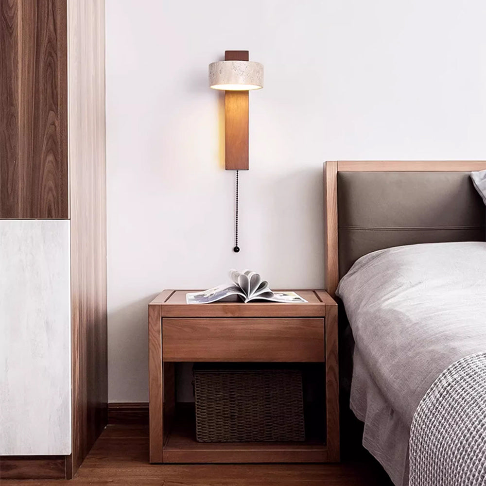 Wall Light With Yellow Travertine Shade And Tilted Wood Beam