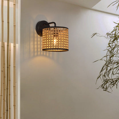 Rattan Shade And Metal Frame Rustic Cylindrical Wall Lamp