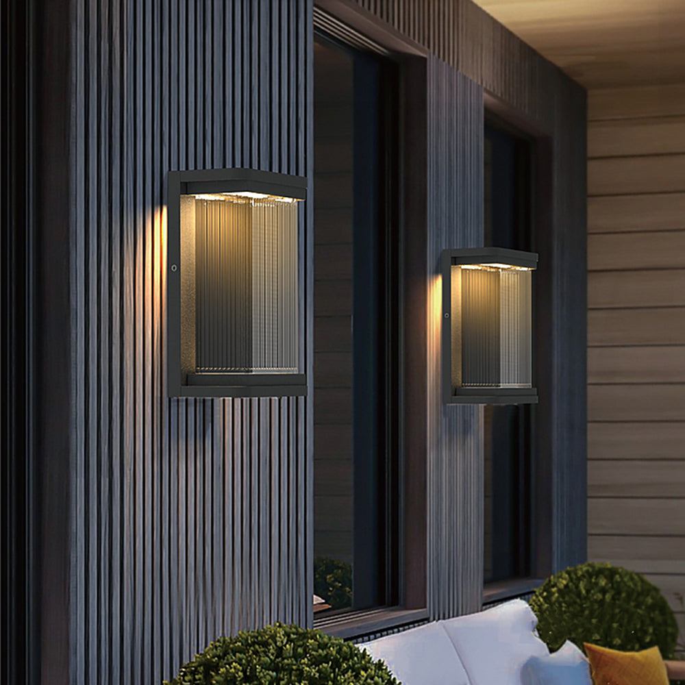 Matte Black Rectangular Outdoor Glass Wall Light With Warm Glow