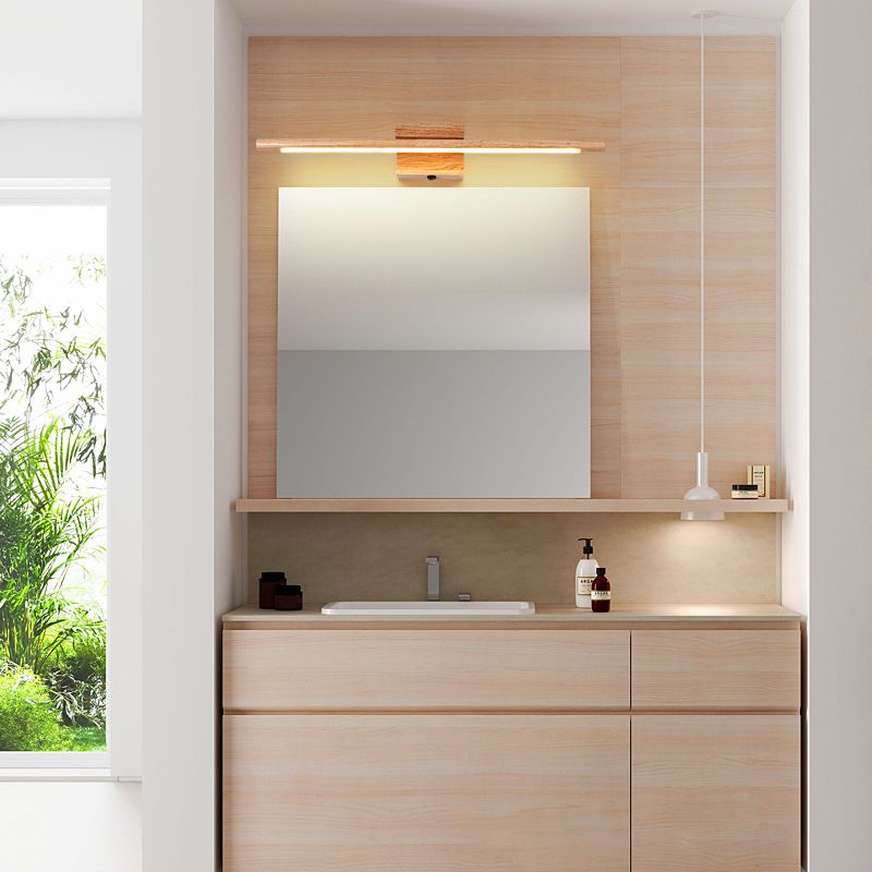 Vanity Wall Light With Mirror Front Natural Wood Linear