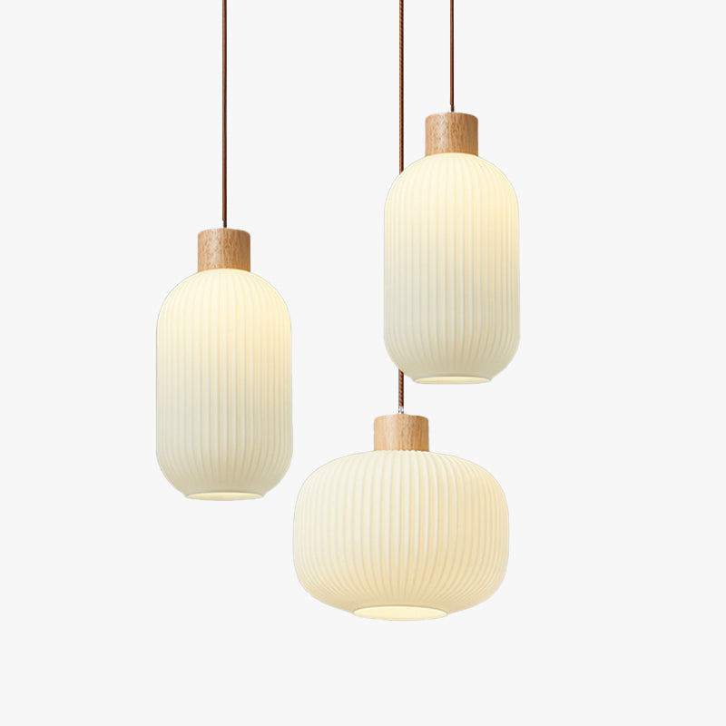 White Glare Free Pendant Light With Wood And Glass
