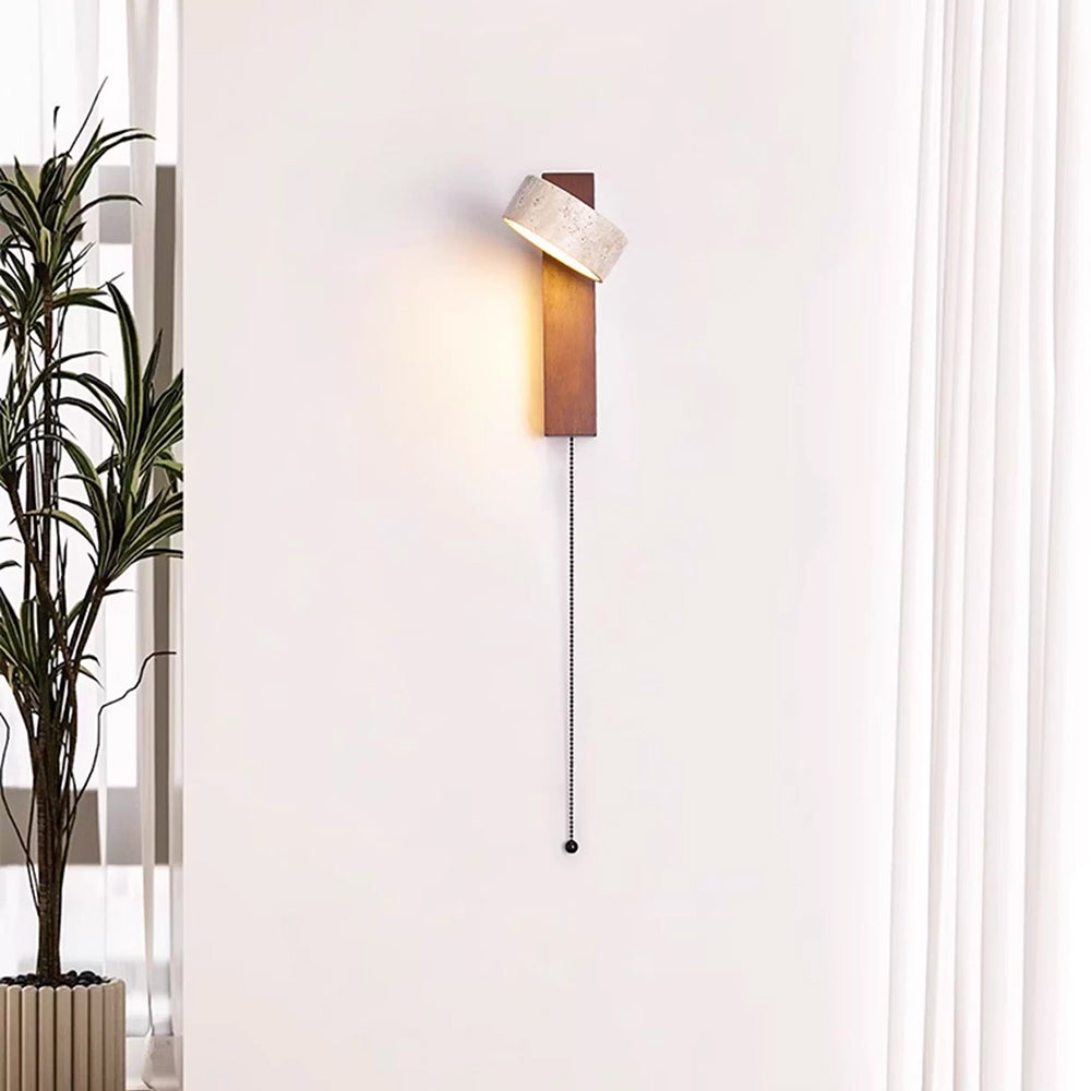 Wall Light With Yellow Travertine Shade And Tilted Wood Beam