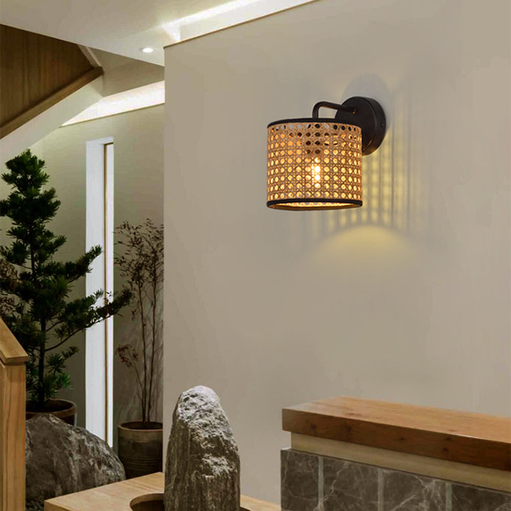 Rattan Shade And Metal Frame Rustic Cylindrical Wall Lamp