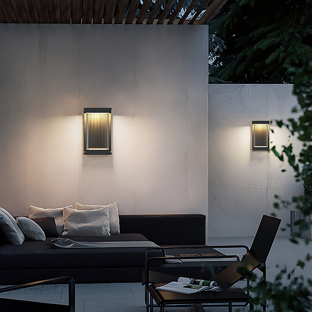 Matte Black Rectangular Outdoor Glass Wall Light With Warm Glow