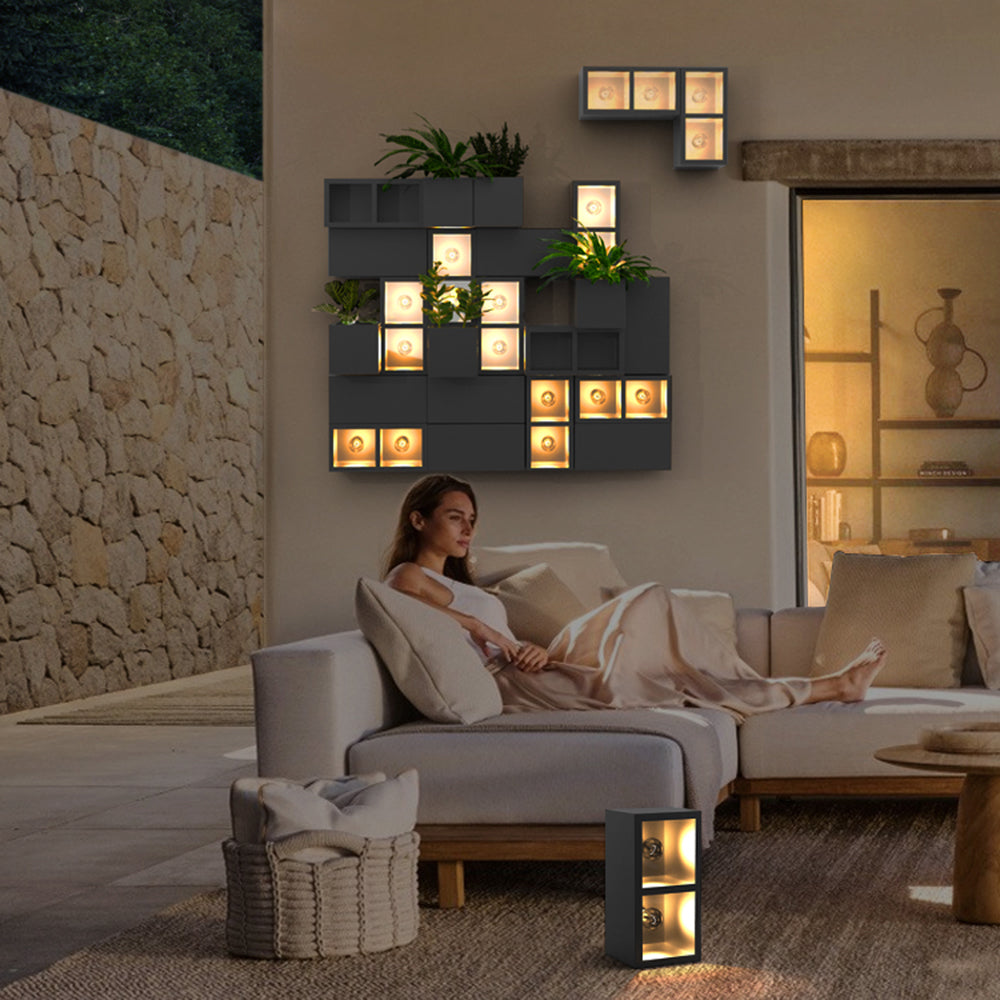 Outdoor Black Metal And Glass Modern Cube Wall Light