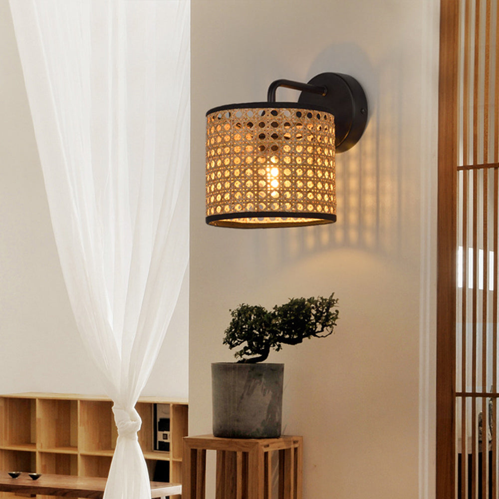 Rattan Shade And Metal Frame Rustic Cylindrical Wall Lamp