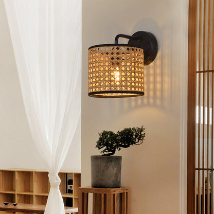 Rattan Shade And Metal Frame Rustic Cylindrical Wall Lamp