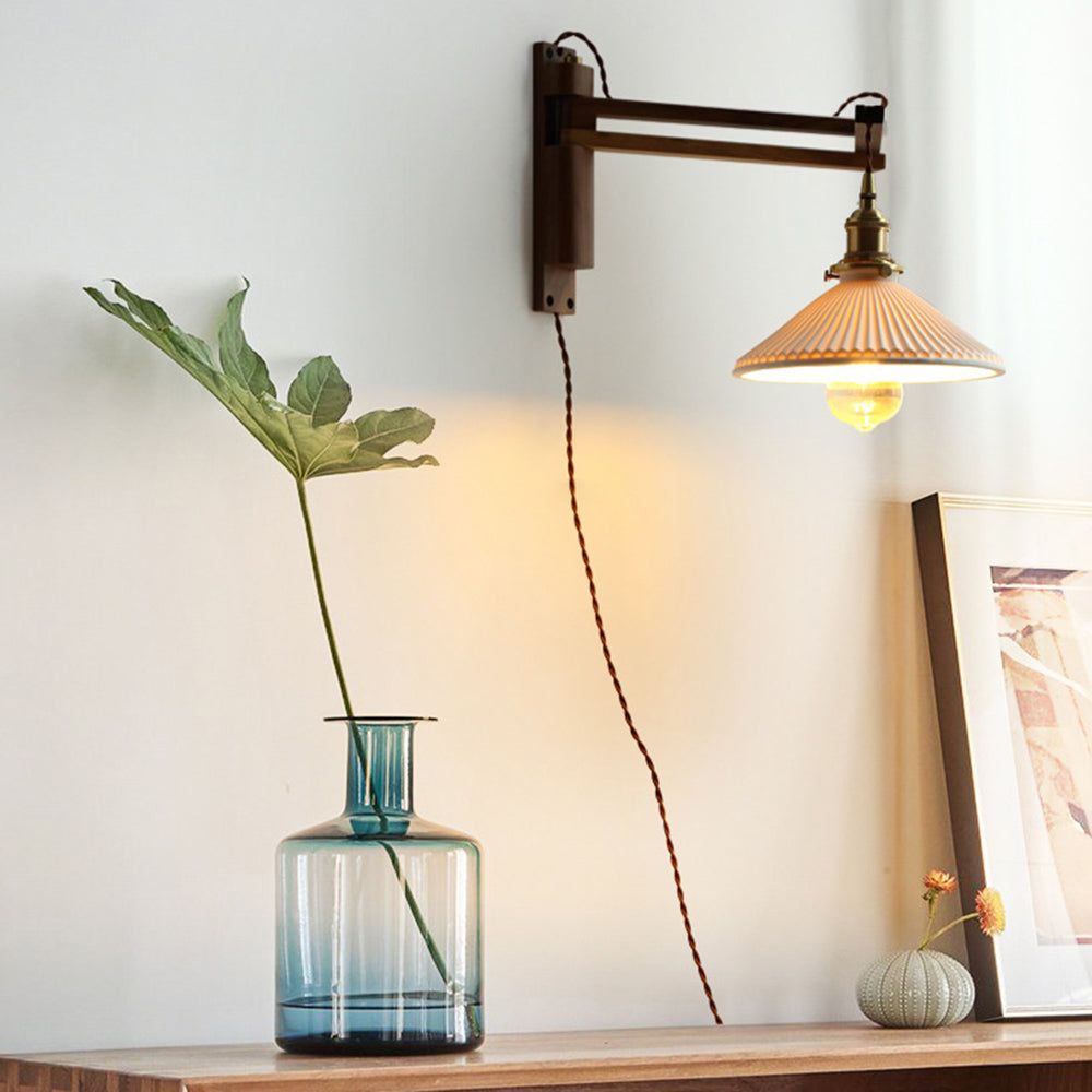 Walnut And Ceramic Vintage Dome Wall Lamp