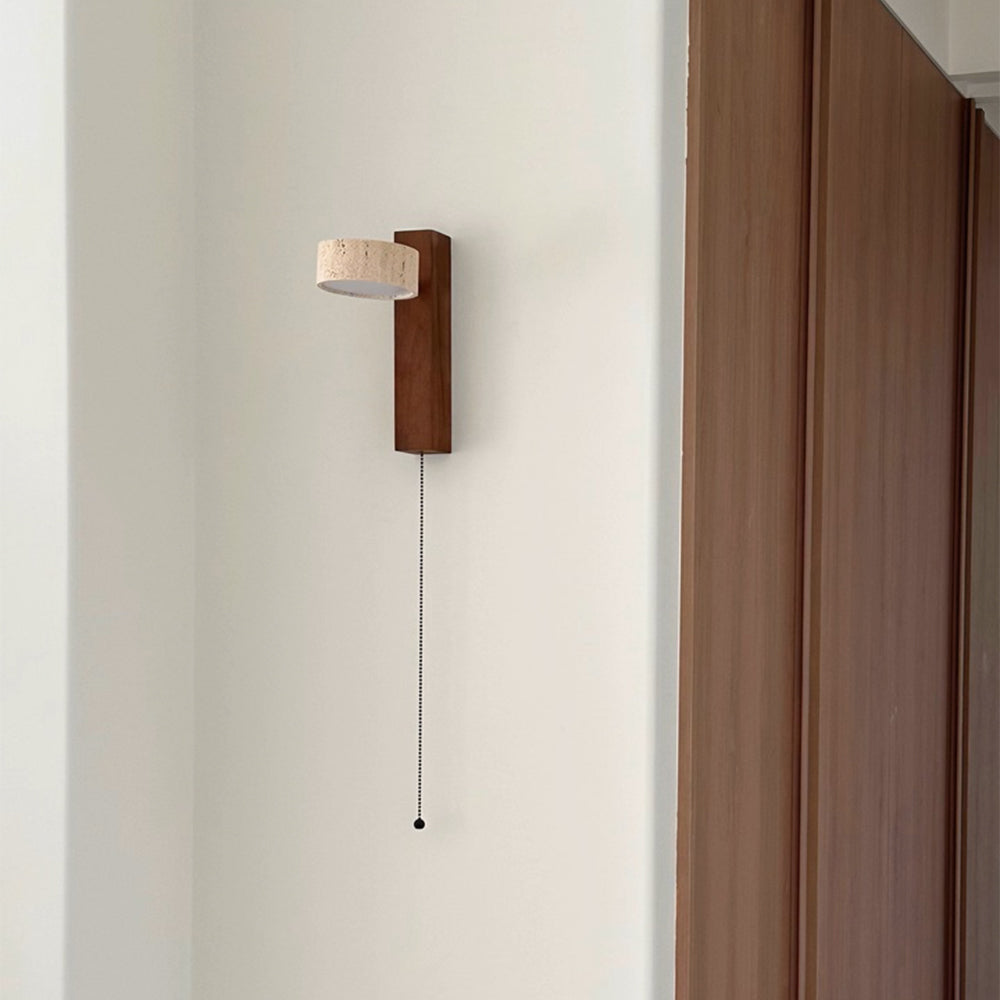 Wall Light With Yellow Travertine Shade And Tilted Wood Beam