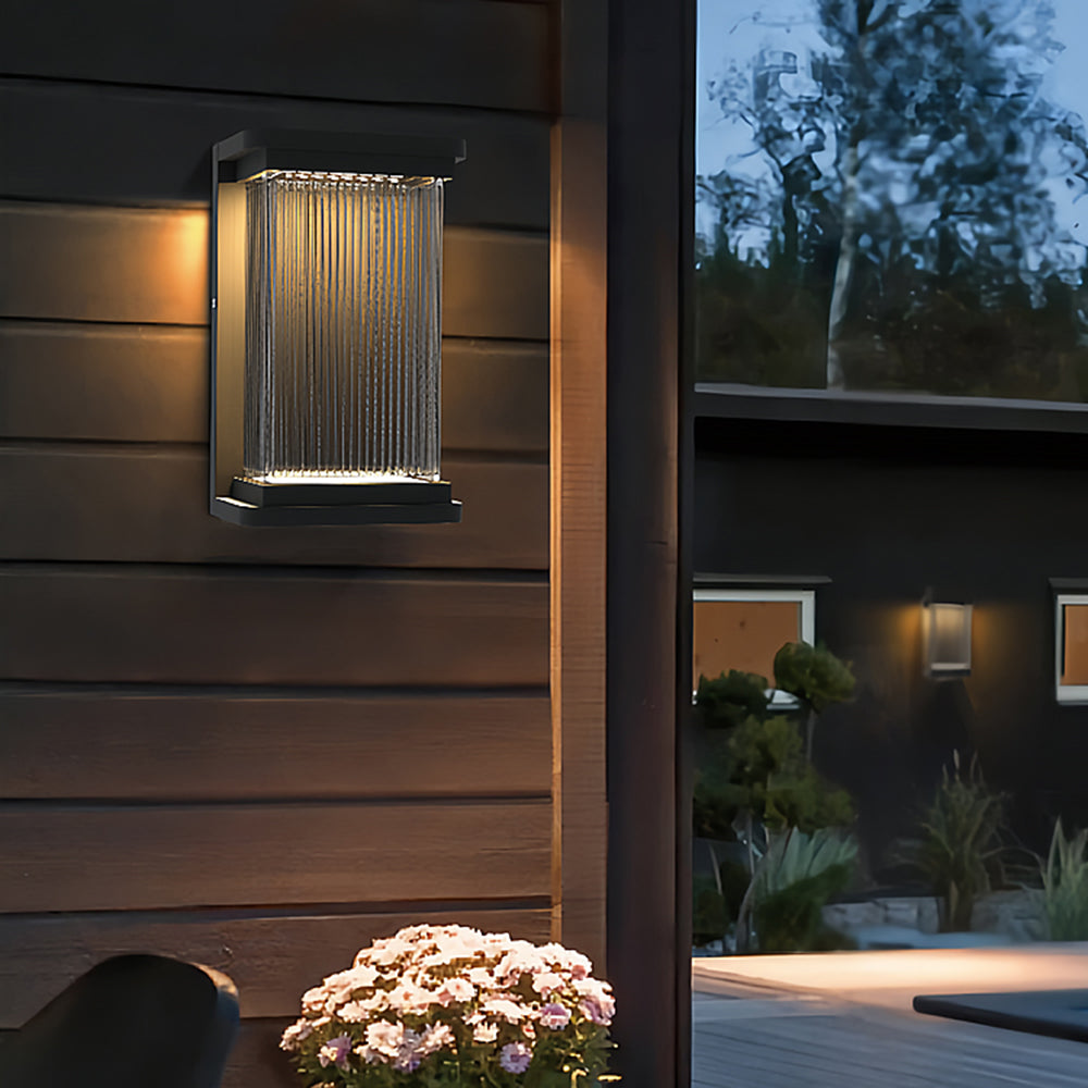 Matte Black Rectangular Outdoor Glass Wall Light With Warm Glow