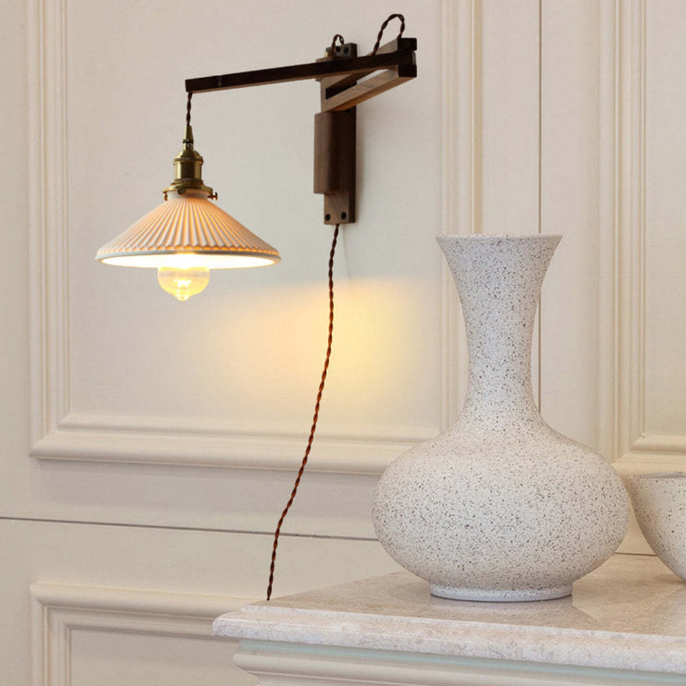 Walnut And Ceramic Vintage Dome Wall Lamp