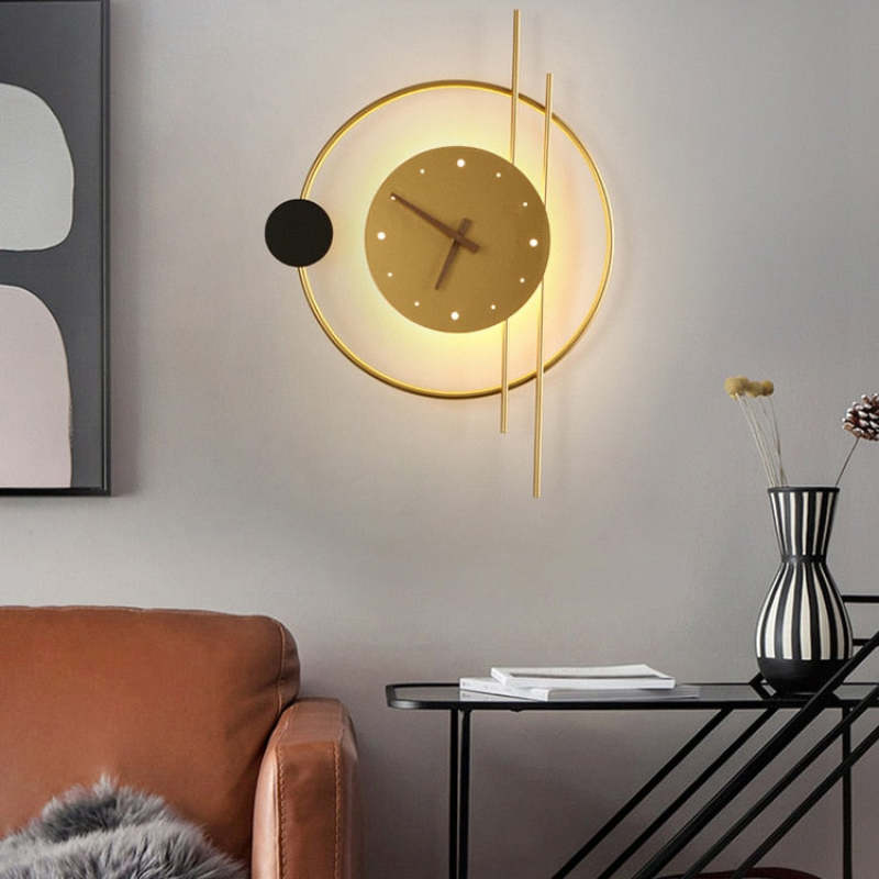 Black Finish Wall Clock Lamp With Warm Light Brass Accent