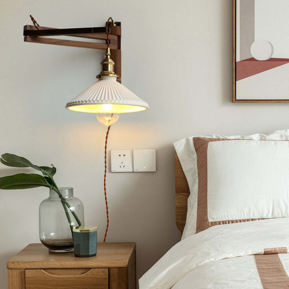 Walnut And Ceramic Vintage Dome Wall Lamp