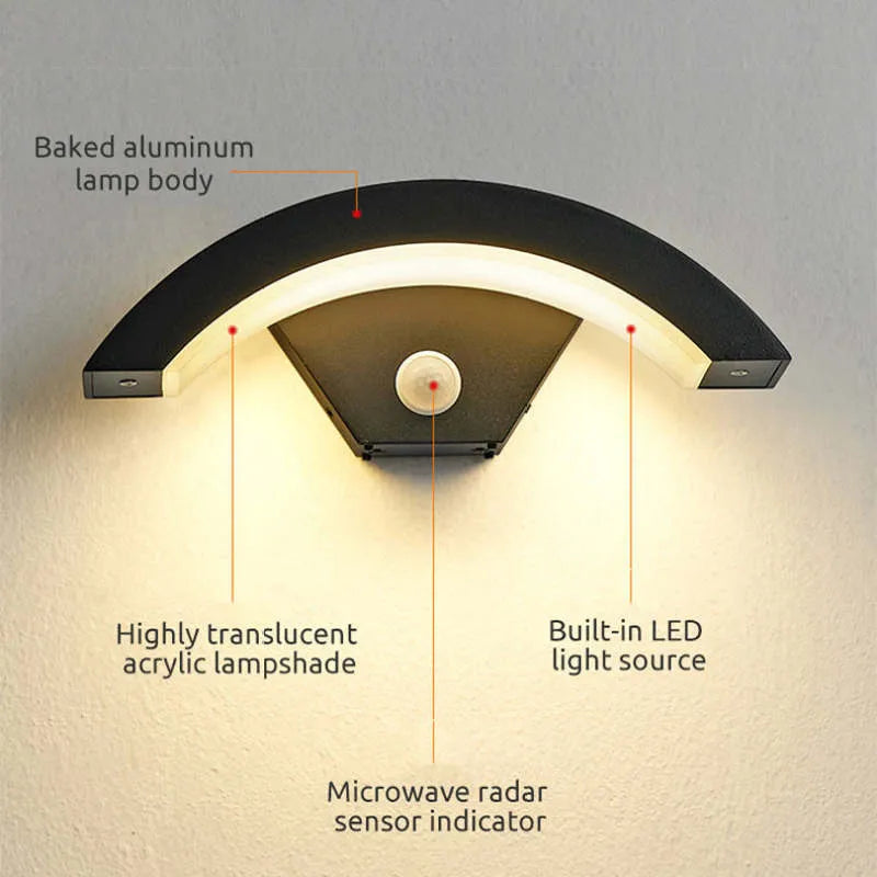 Black Outdoor Wall Light Nordic Weatherproof Arc LED