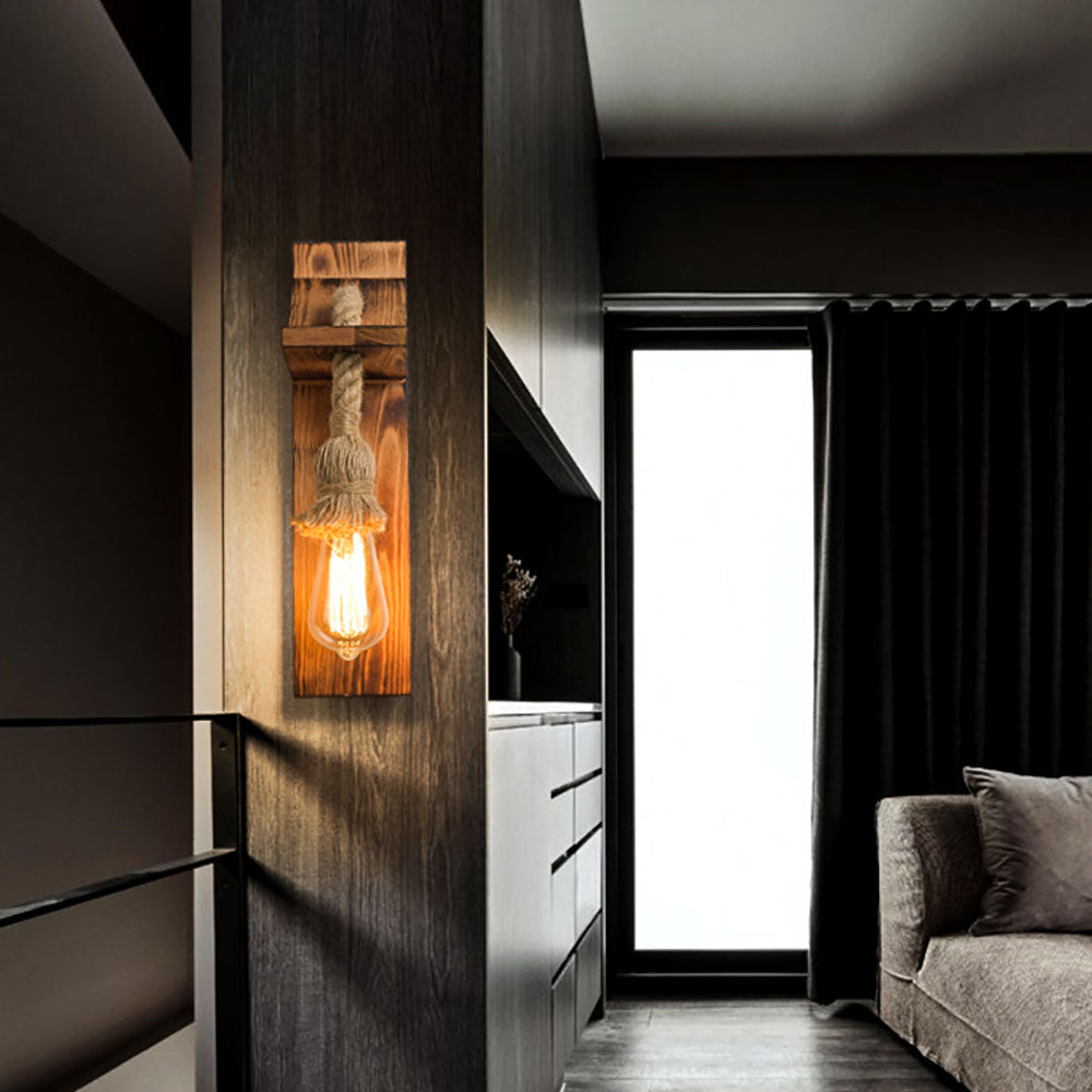 LED Wall Light Rectangular Heritage With Hemp Rope And Wood