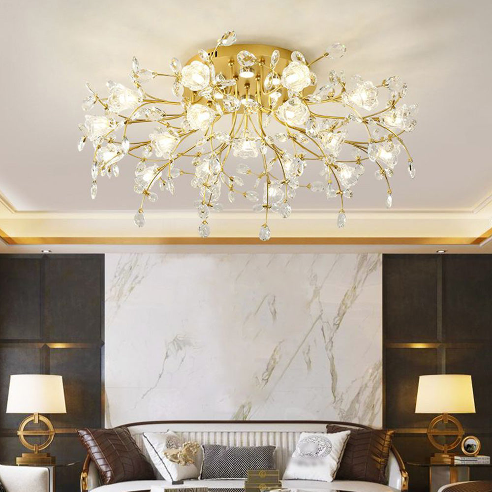 Flush Mount Crystal Flower Gold Deco Art Ceiling Inspired Light
