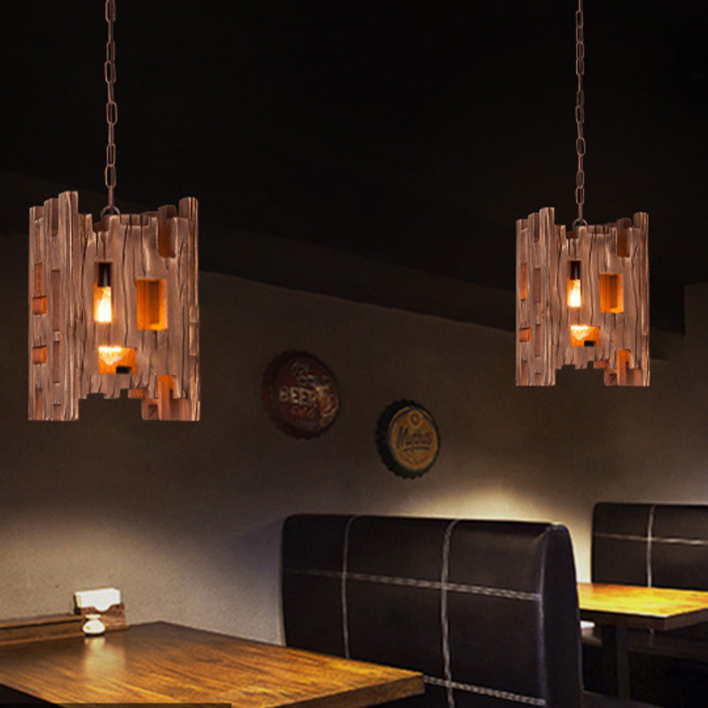 Retro Timeless Rectangular Pendant Light in Metal and Wood