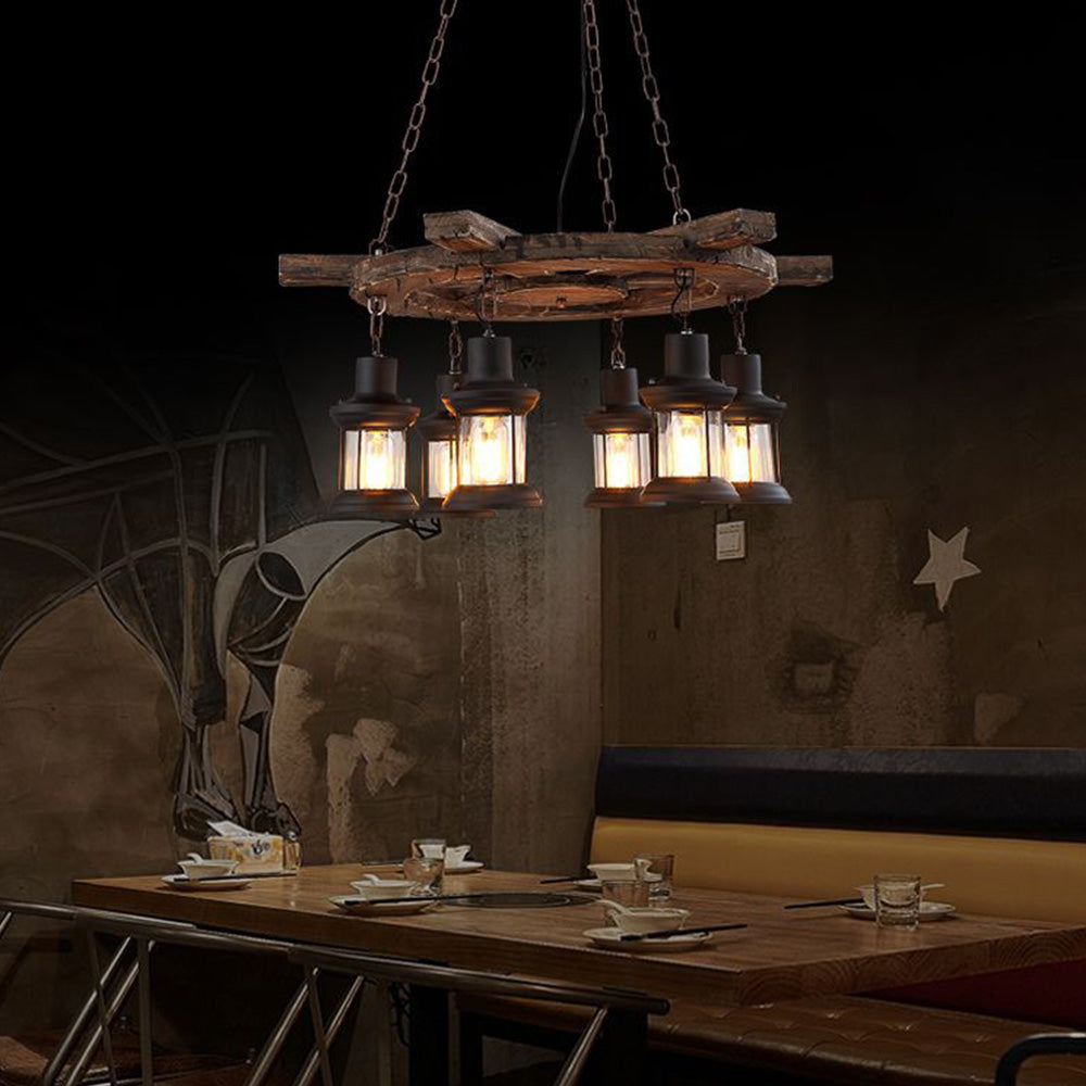 Wood And Metal Six-Head Vintage Pendant Lamp Ambience
