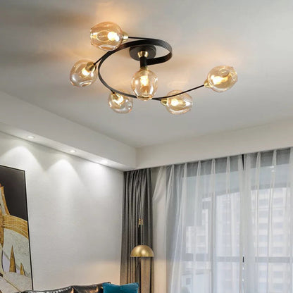 Black Gold Finish Dining Room Aurora Glass Flush Mount Ceiling Light