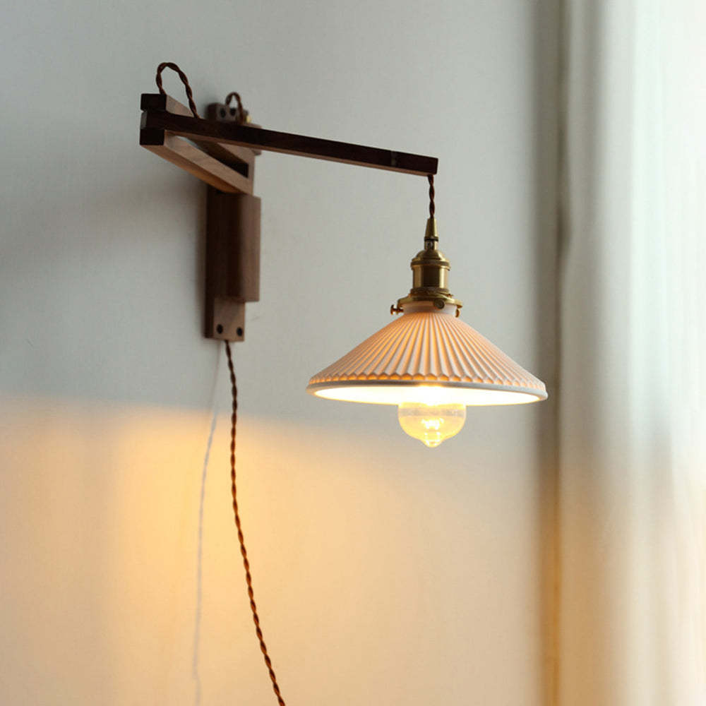 Walnut And Ceramic Vintage Dome Wall Lamp