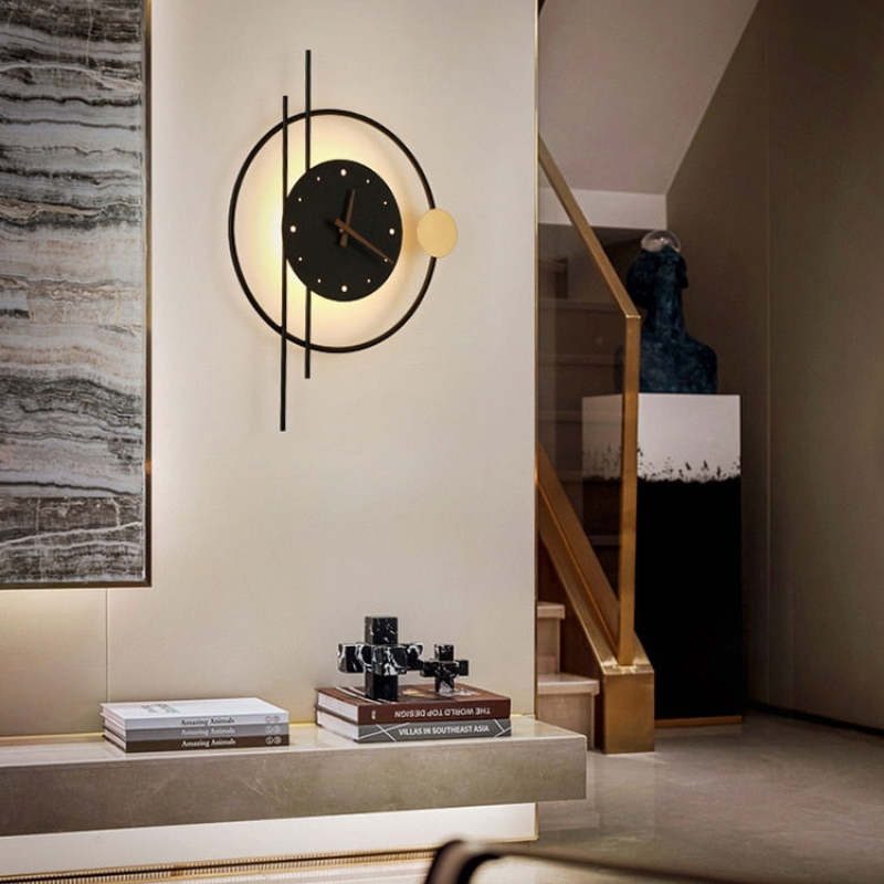 Black Finish Wall Clock Lamp With Warm Light Brass Accent