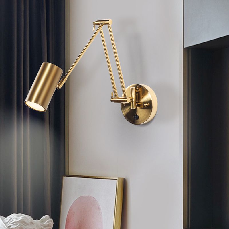 Cylindrical Adjustable Arm Brass Finish Wall Light With Dimmable