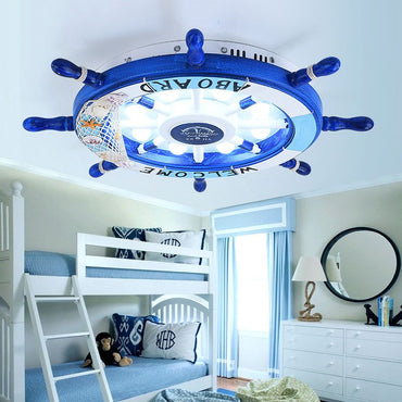 Kids Metal Flush Mount Ceiling Light In Nautical Blue And White