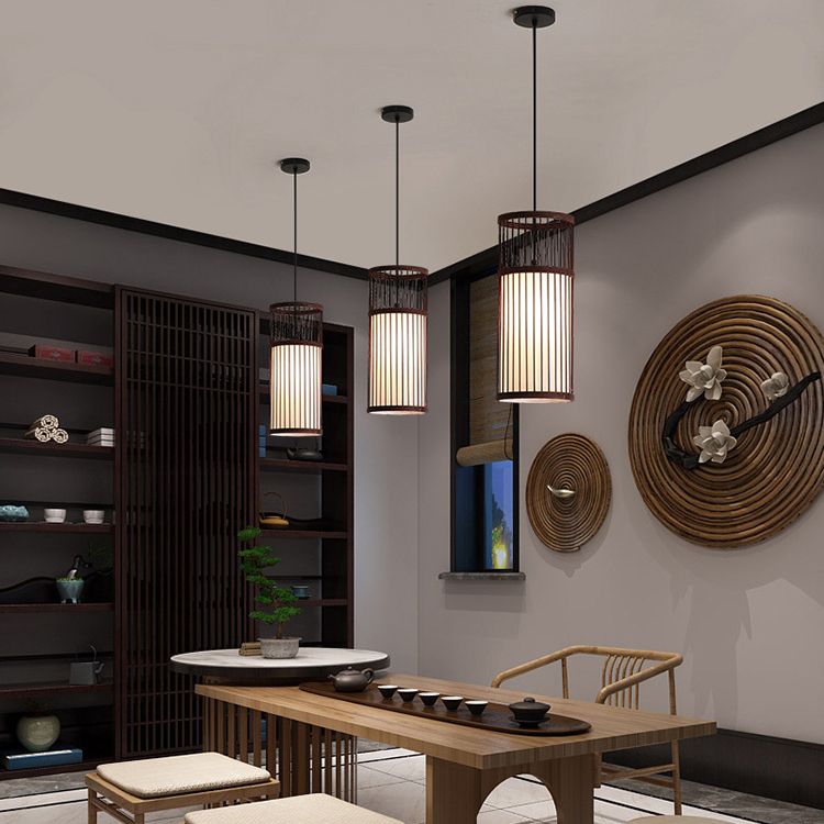 Cylinder Pendant Light Eco Friendly Coffee Wood Weave