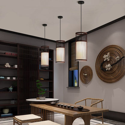 Cylinder Pendant Light Eco Friendly Coffee Wood Weave