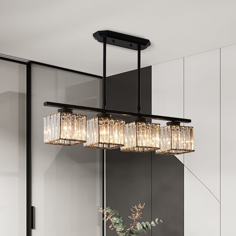 Black Gold 3 Head Crystal Square Pendant Light For Dining