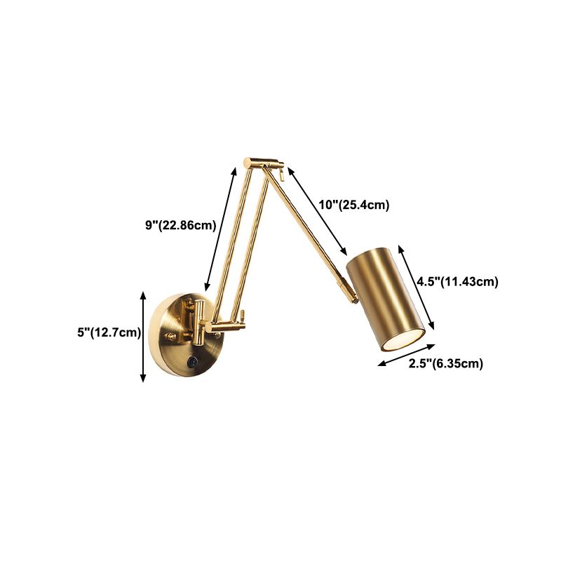 Cylindrical Adjustable Arm Brass Finish Wall Light With Dimmable