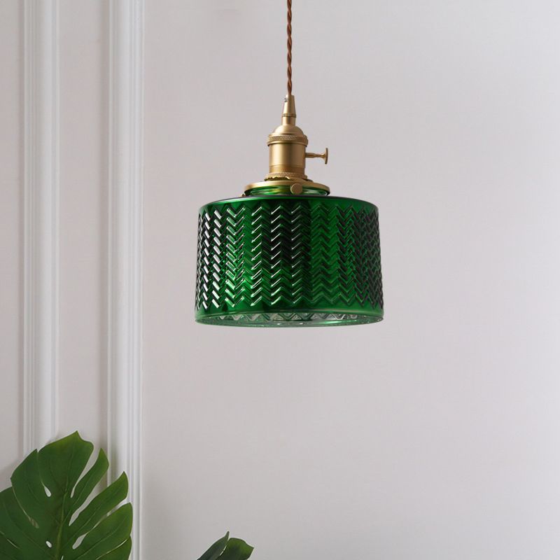 Green Glass Retro LED Pendant Light For Dining Room