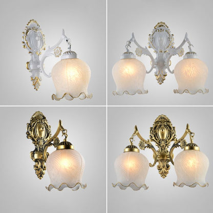 White Bronze Metal and Glass Vintage Flower Wall Lamp