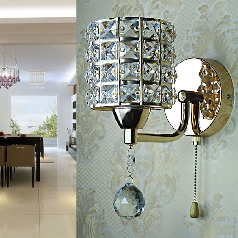 Dimmable Gold Chrome Finish Vintage Cylinder Metal Bedside Wall Lamp