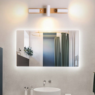 Wood And Metal Wall Light With Mirror Front Rotatable Vanity Spotlight