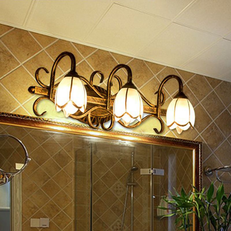 Floral Mirror Front Vanity Wall Light Antique Brass