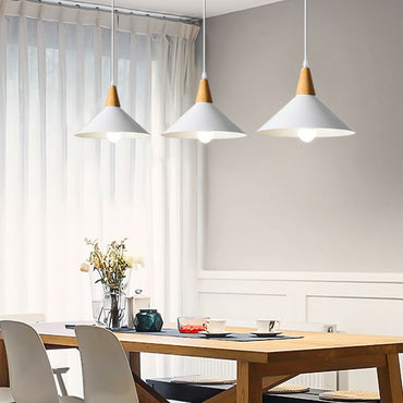 Metal Pendant Light With Natural Wood Finish And Cap-Shaped Design