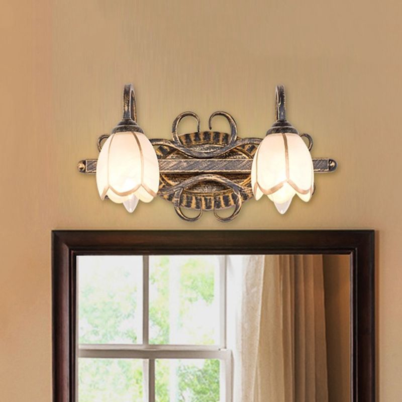 Floral Mirror Front Vanity Wall Light Antique Brass