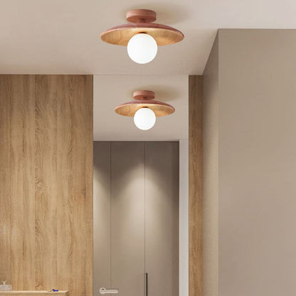Flush Mount Walnut Wood Bubble Hat Ceiling Light