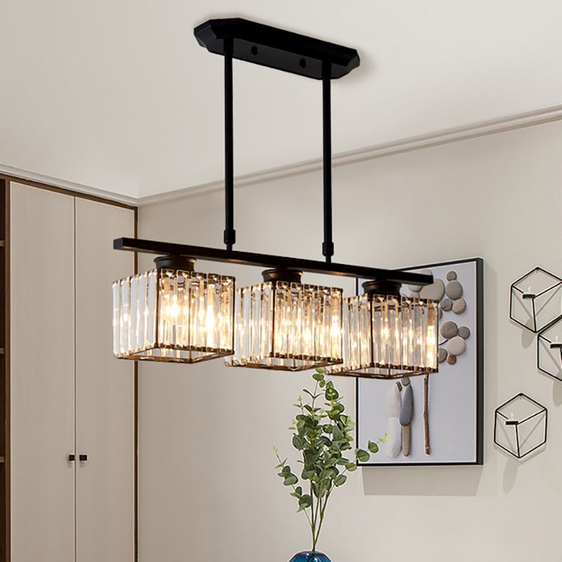 Black Gold 3 Head Crystal Square Pendant Light For Dining