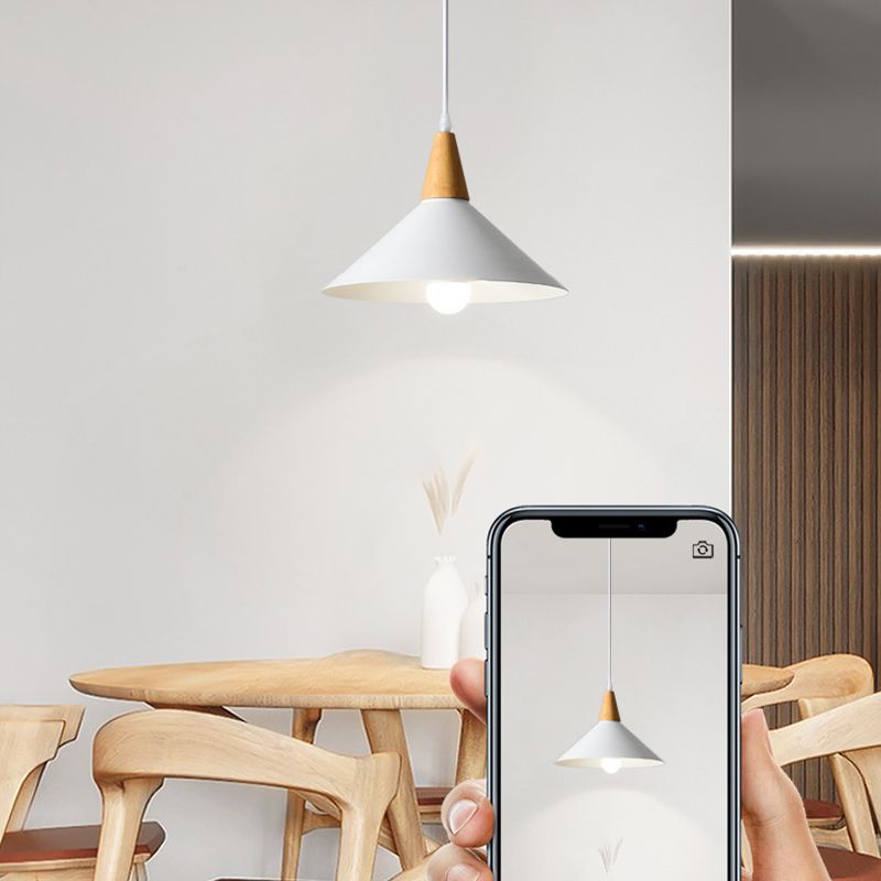 Metal Pendant Light With Natural Wood Finish And Cap-Shaped Design