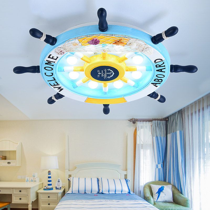 Kids Metal Flush Mount Ceiling Light In Nautical Blue And White